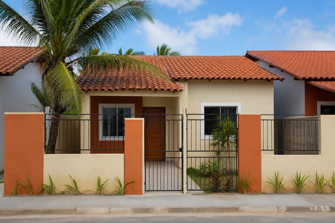 Casa térrea brasileira com telhado de cerâmica e muro frontal