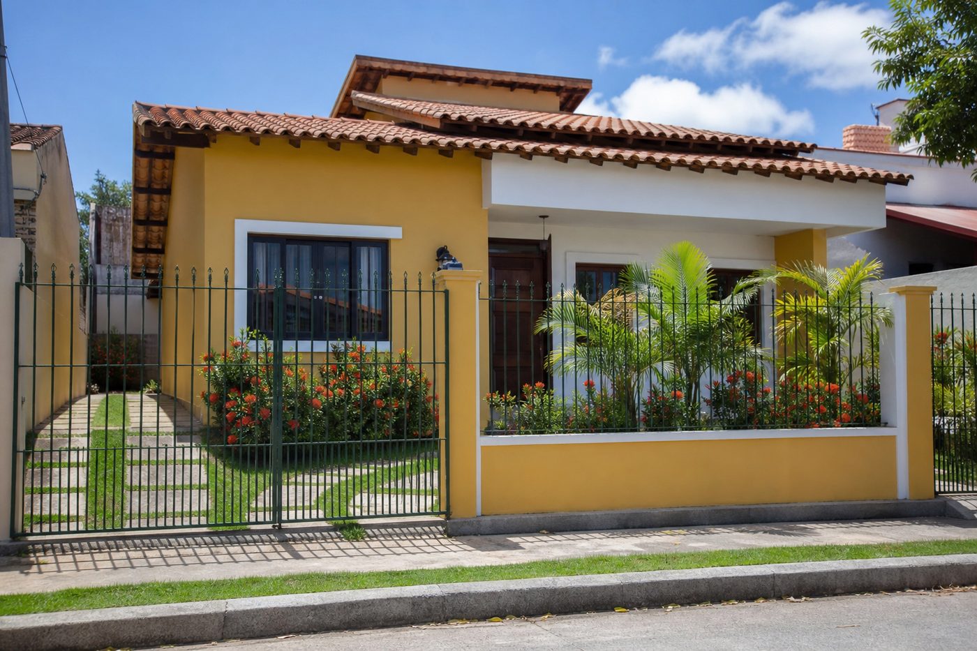 Casa amarela típica brasileira com portão e jardim
